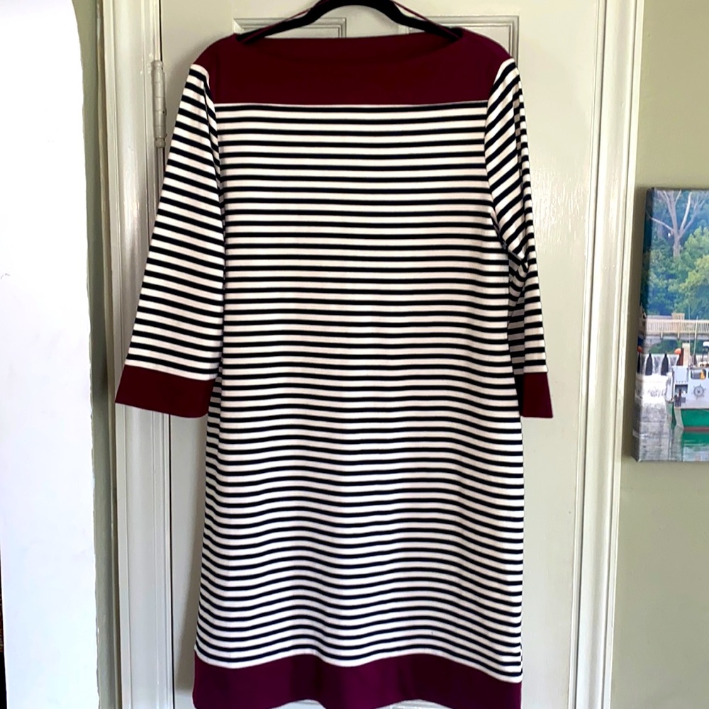 Isaac Mizrahi Women size XL Shift Dress Striped Boat Neck 3/4 Sleeve Black